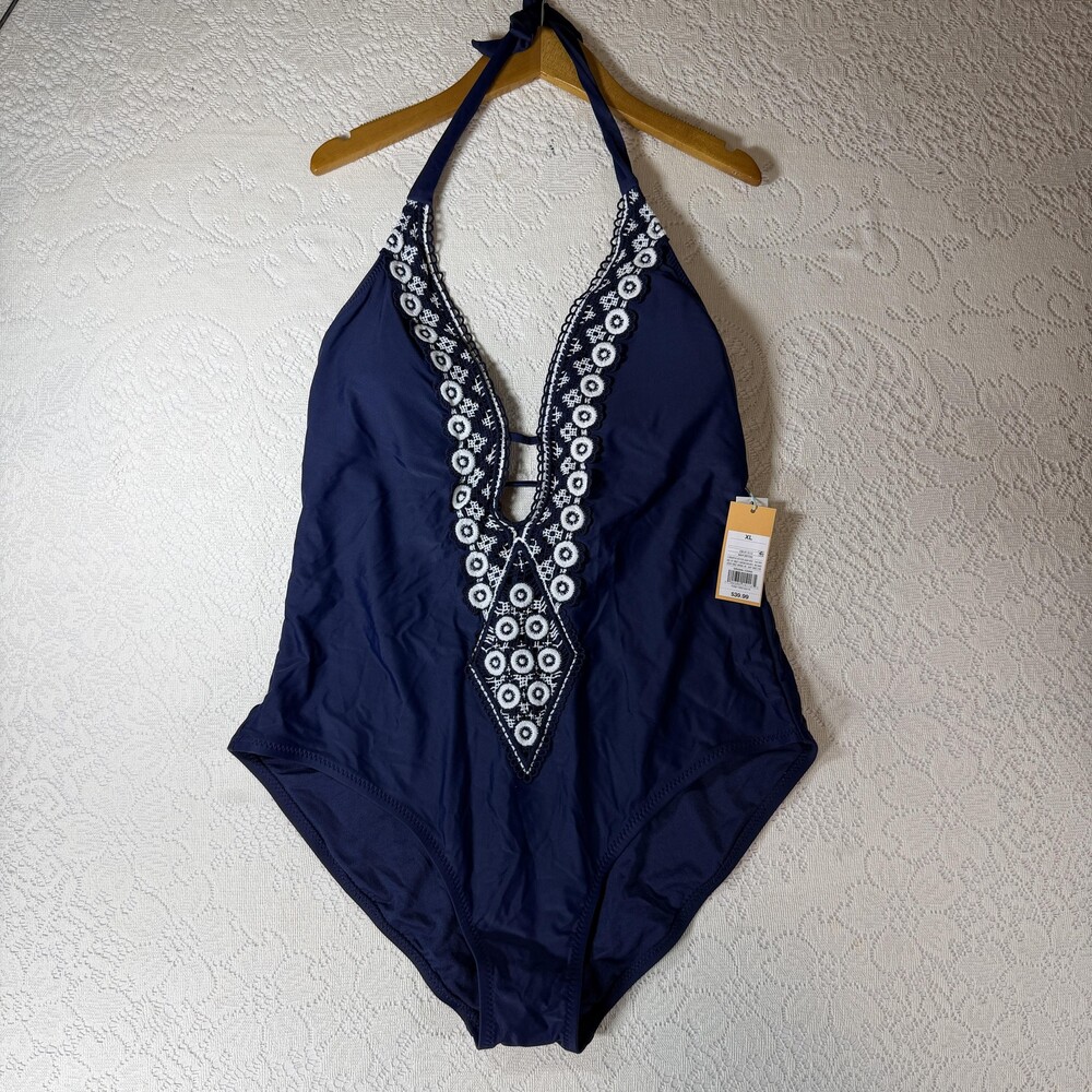 Kona Sol Swimsuit Womens XL Blue One Piece Halter Embroidered Medium Coverage